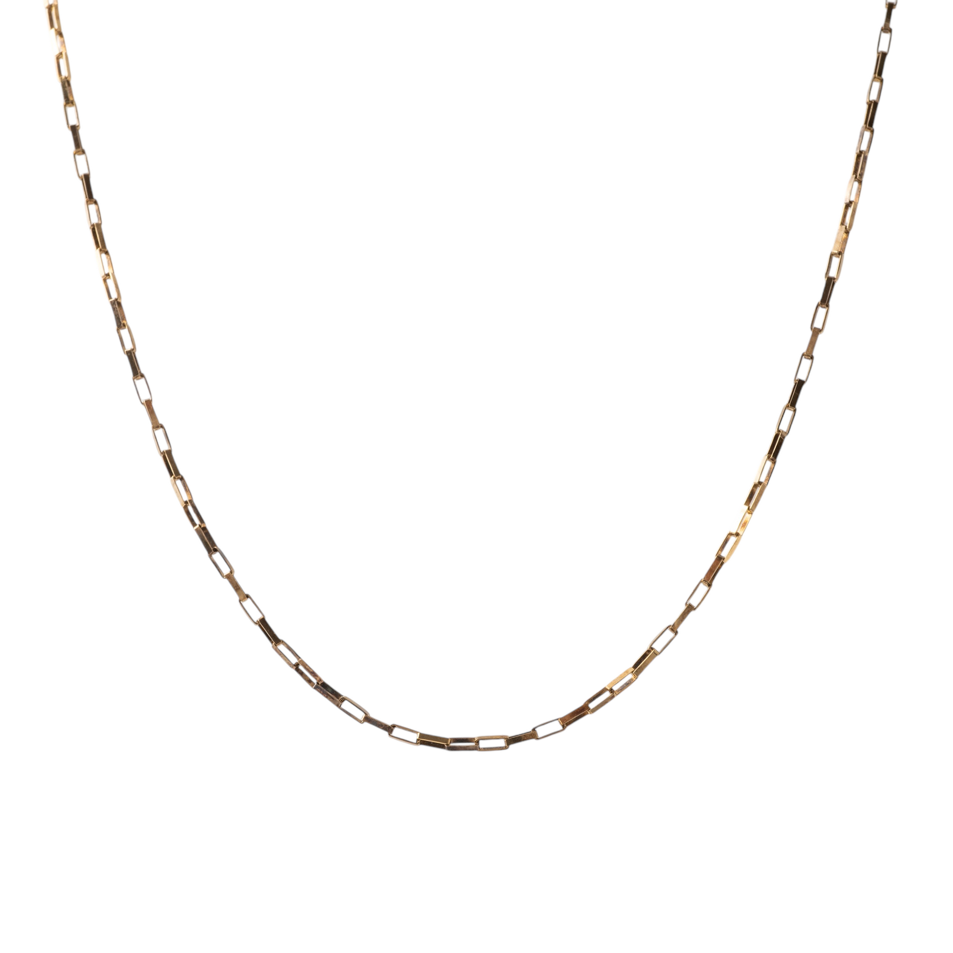 Vintage 9ct gold paperclip chain necklace on a white background