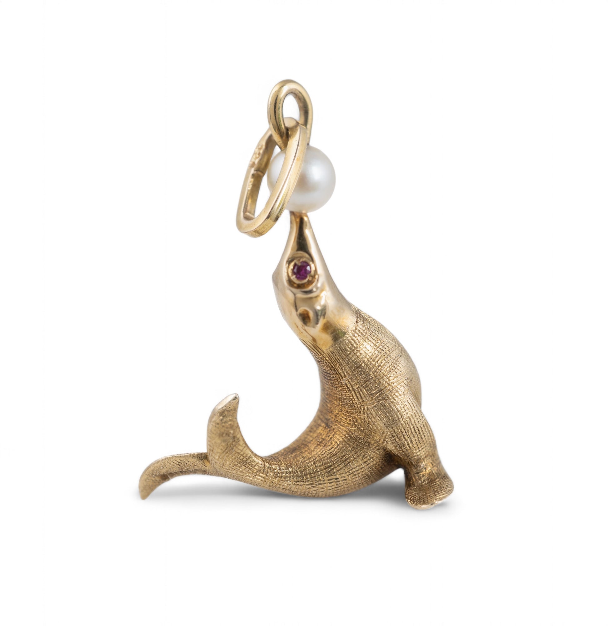 Vintage Georg Jensen gold seal charm with ruby eyes and cultured pearl