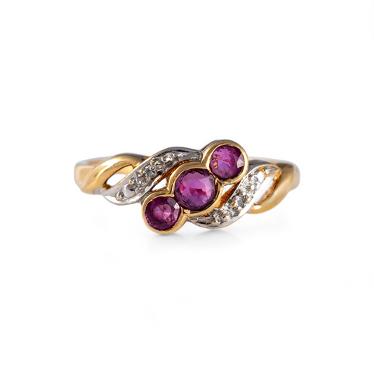 Vintage Ruby Ring with Diamonds – 9ct Yellow Gold, crafted in London, 1990.