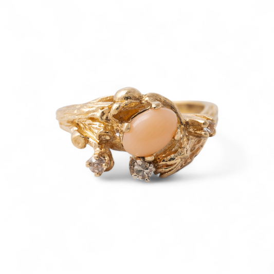 Vintage coral ring with diamonds in a 10k yellow gold tree bark textured setting by Hunters Fine Jewellery