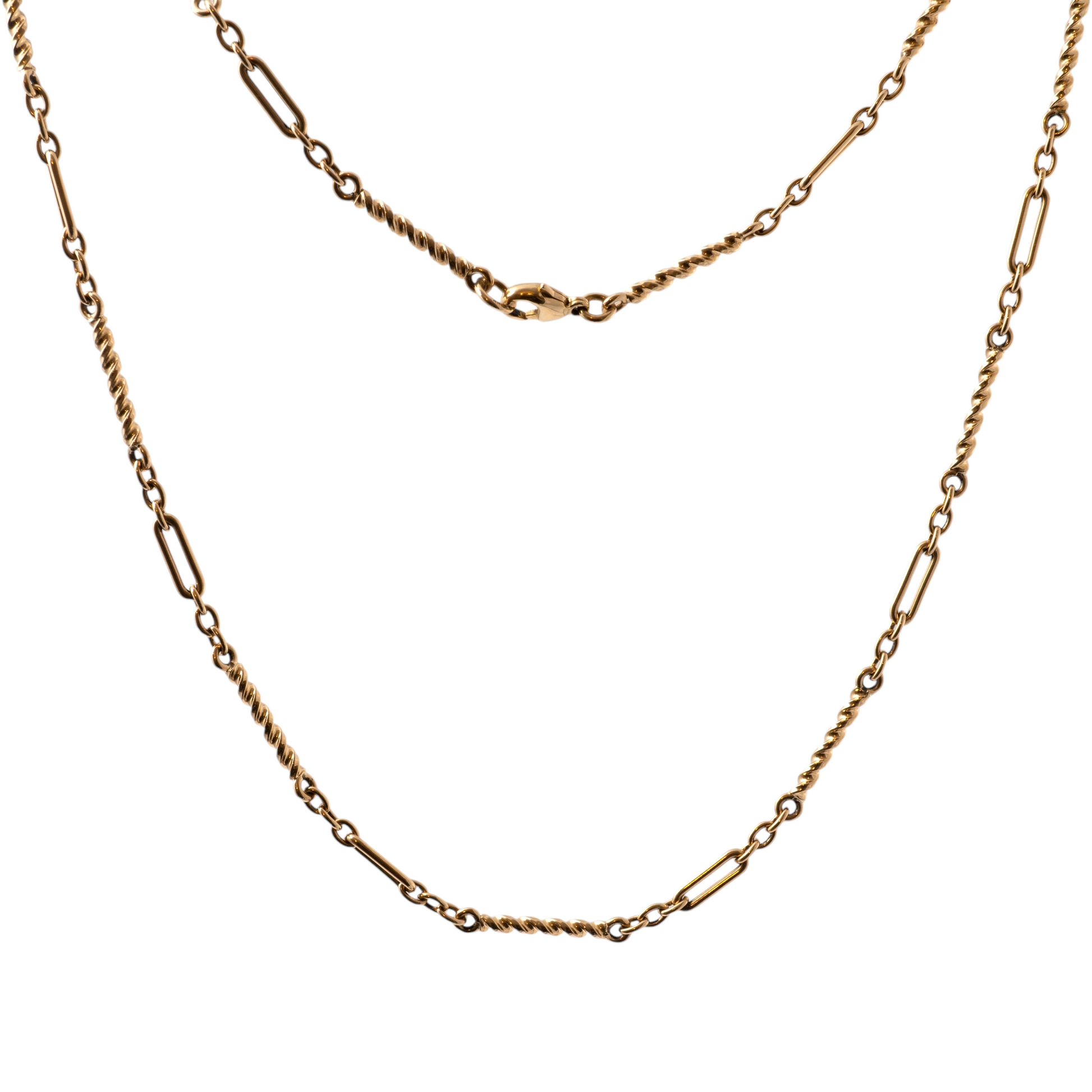 Full view of vintage 9ct gold mixed-link chain necklace showing clasp, Hunters Fine Jewellery