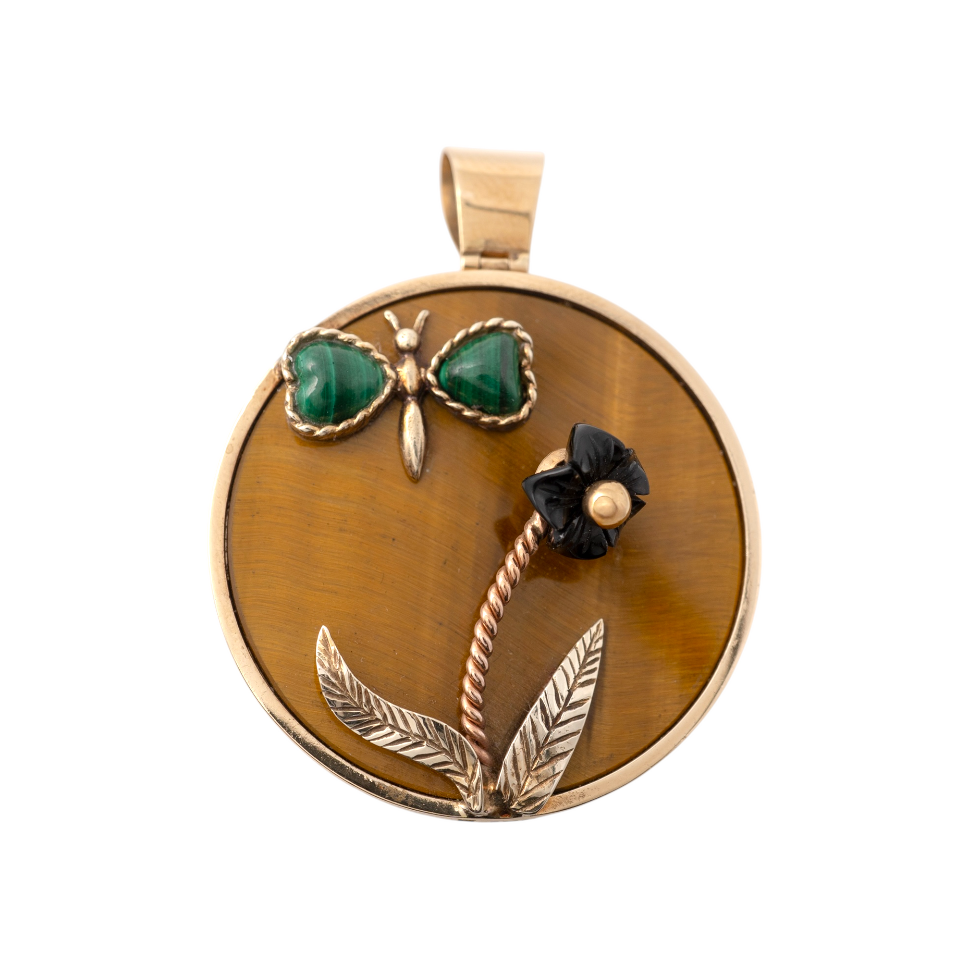 Vintage 9ct gold butterfly pendant with malachite, onyx, and tiger's eye – front view