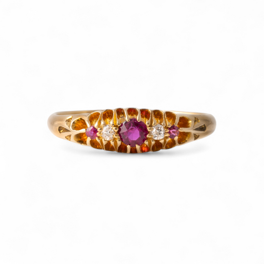 Vintage ruby ring with diamond accents in 18ct yellow gold, front view - Hunters Fine Jewellery