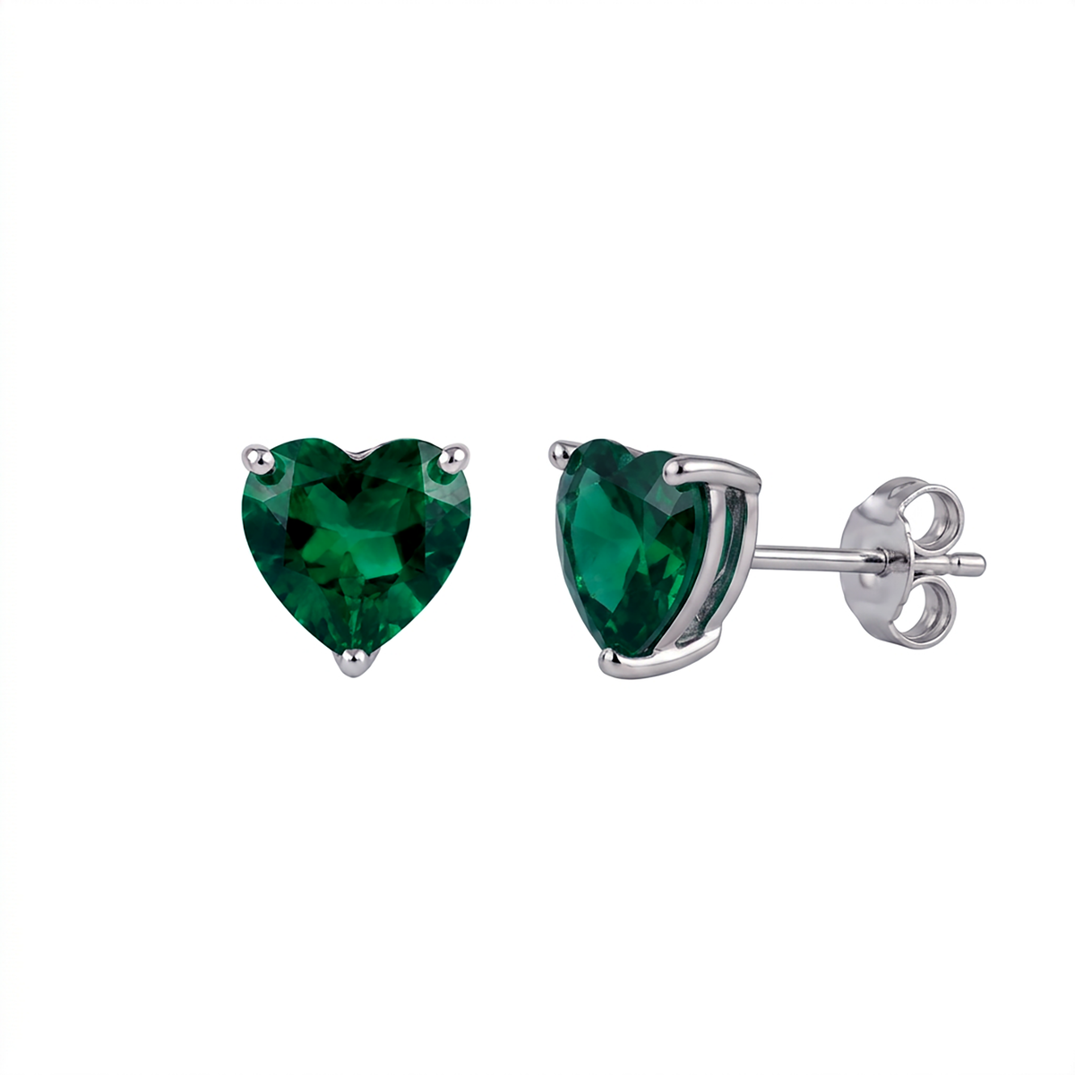 Lab grown emerald heart stud earrings in rhodium-plated sterling silver, front and side view showing the post and butterfly back