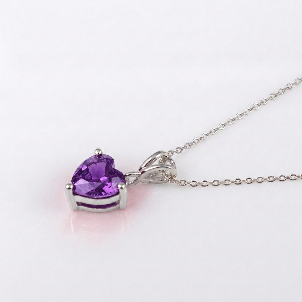 amethyst heart necklace silver side angle showing gemstone and split bail