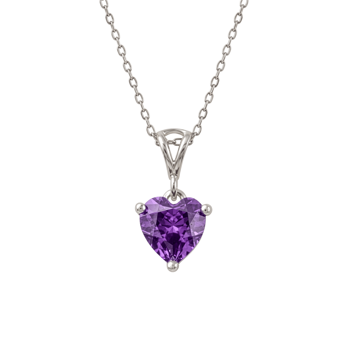 Natural amethyst heart necklace in sterling silver, front view
