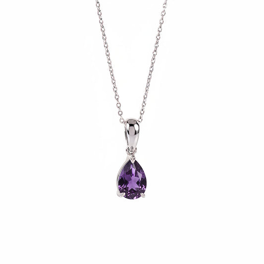 Sterling silver pendant with a natural pear-cut amethyst in a geometric prong setting, resting on a clean white surface.