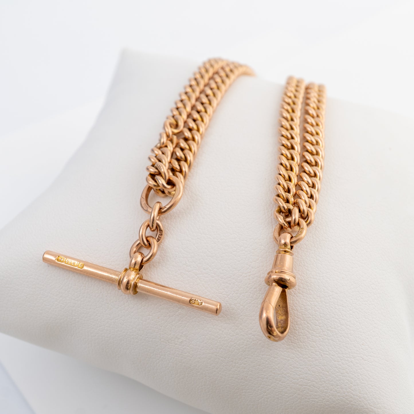 Antique 9ct rose gold Double Albert watch chain with original hallmarked T-bar and matching dog clip
