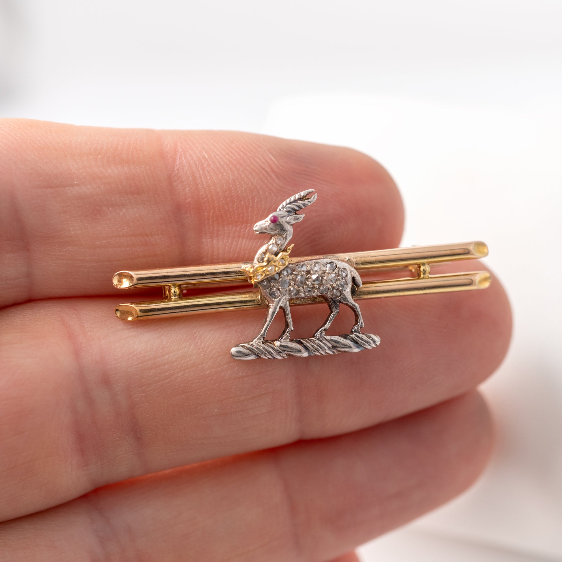 Victorian gazelle brooch with rose-cut diamonds and ruby eye