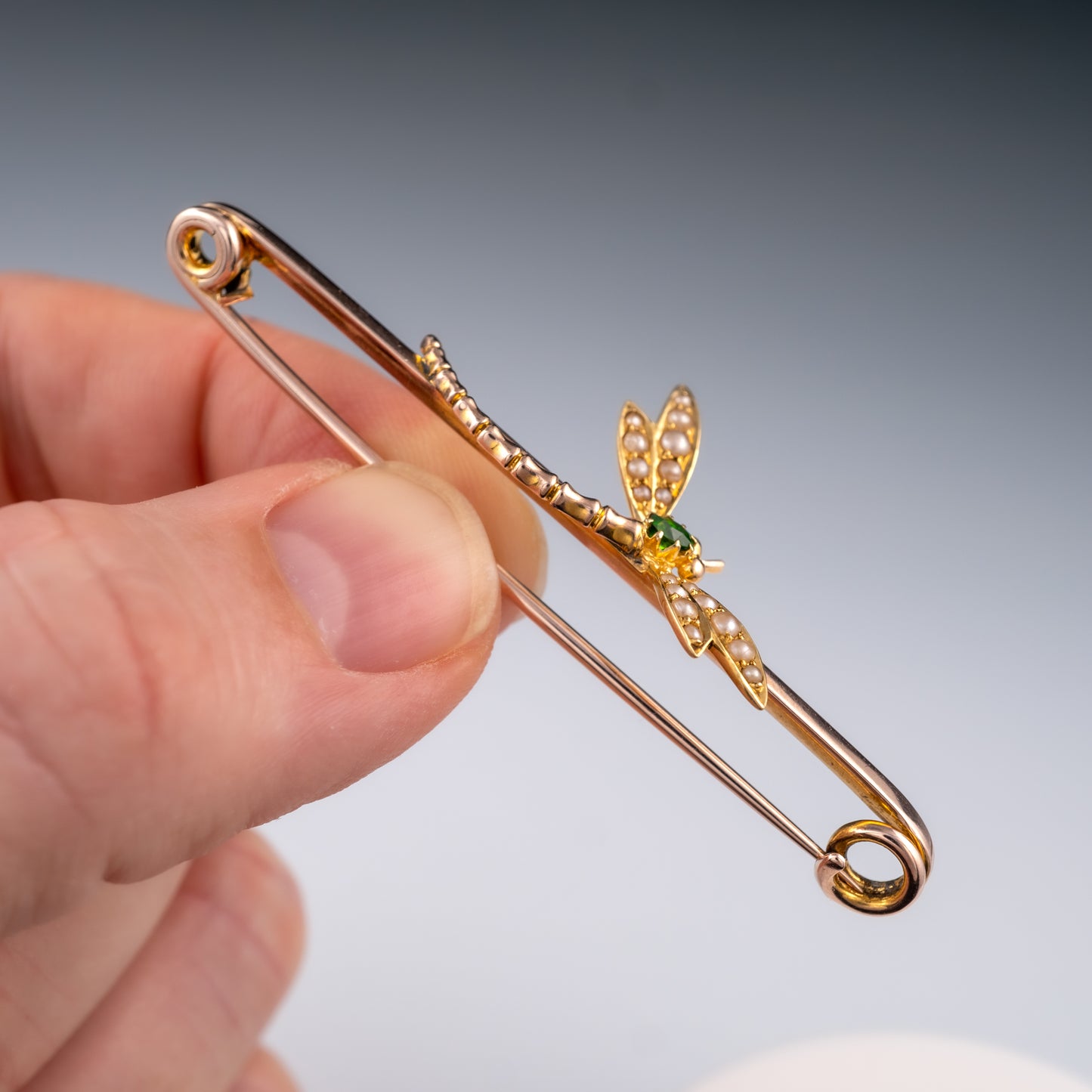 Antique 18k Gold Emerald Pearl Dragonfly Brooch Circa 1910 - Hunters Fine Jewellery