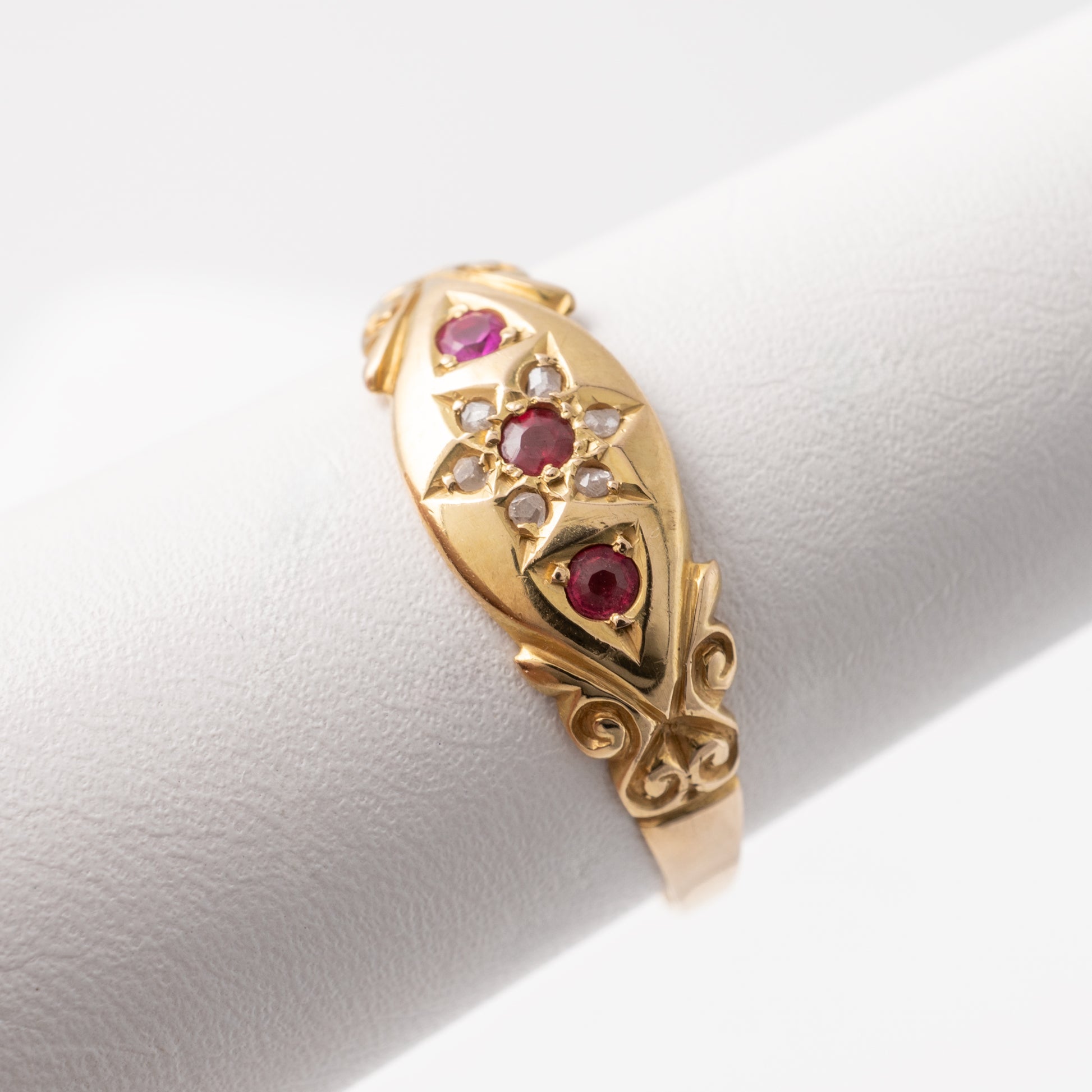 Close-Up of Antique Ruby Gypsy Ring with Rubies and Diamonds Set in 18ct Yellow Gold - Vintage Ring Design