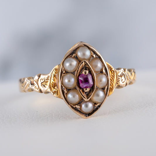 Antique 15ct Gold Marquise Ruby Pearl Ring - Hunters Fine Jewellery