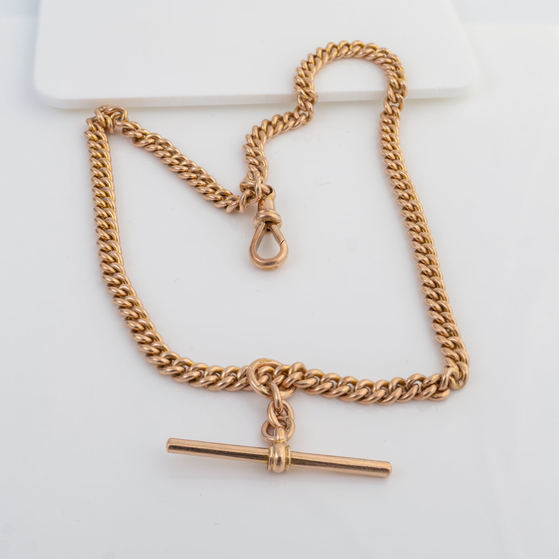 Full length antique gold pocket watch chain with original T-bar and dog clip in Double Albert design