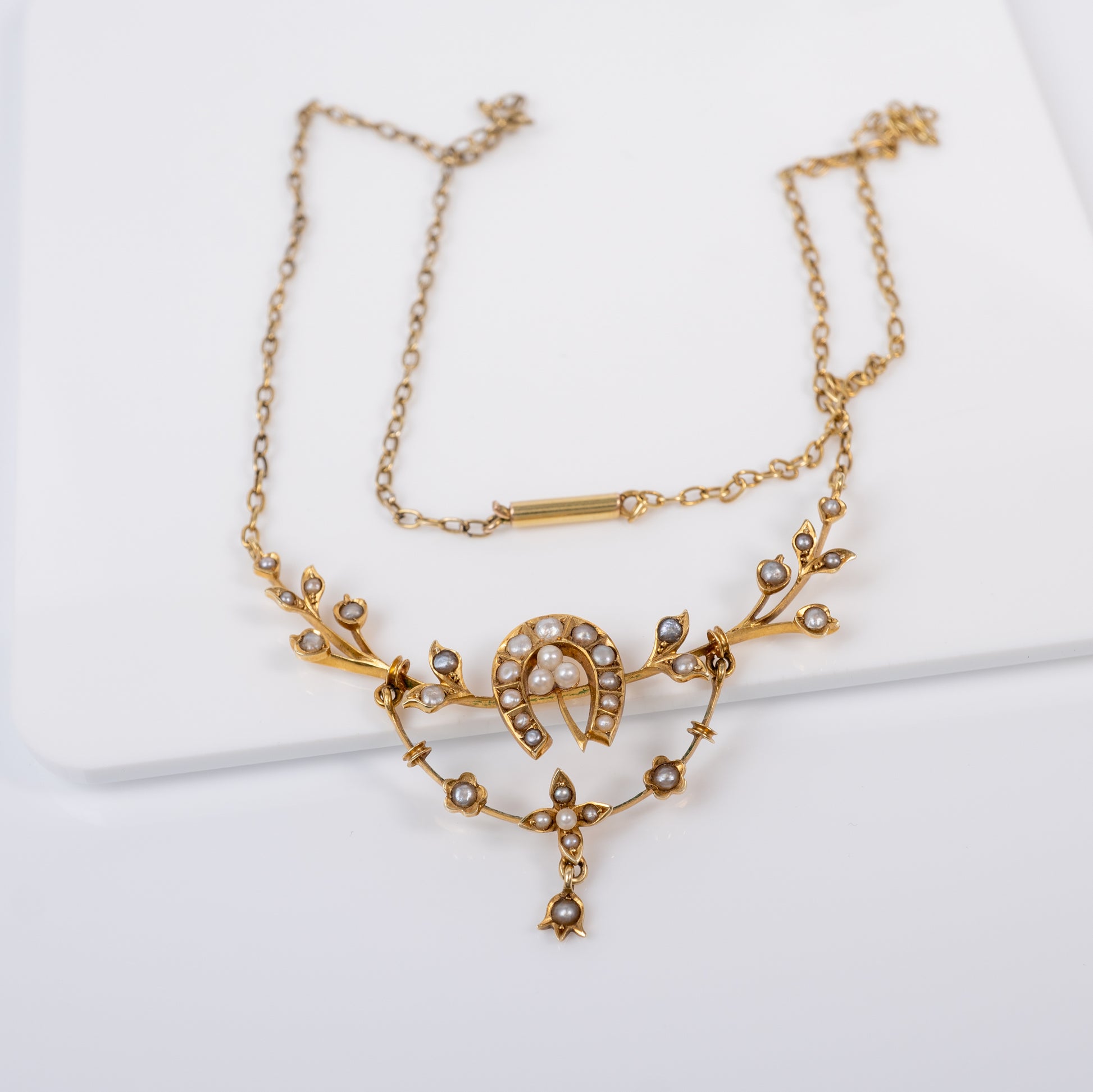 antique gold pearl shamrock necklace