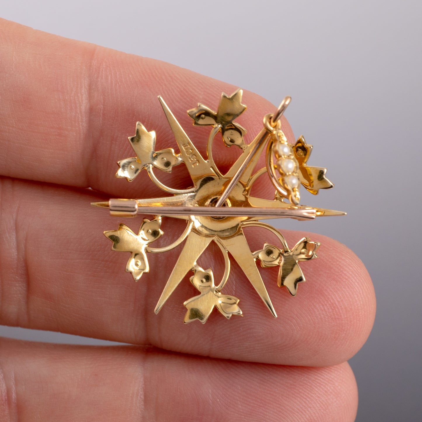 Antique 15ct Gold & Pearl Snowflake Pendant Brooch - Hunters Fine Jewellery