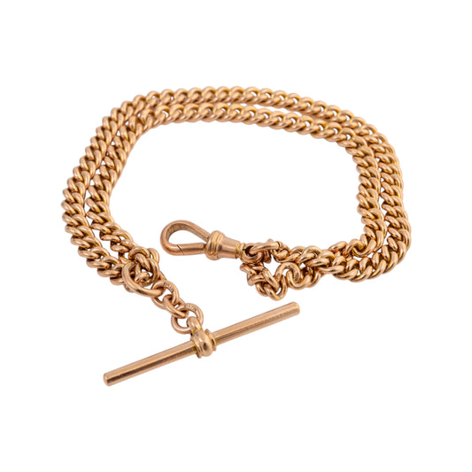 Antique 9ct rose gold Double Albert watch chain with original T-bar and dog clip