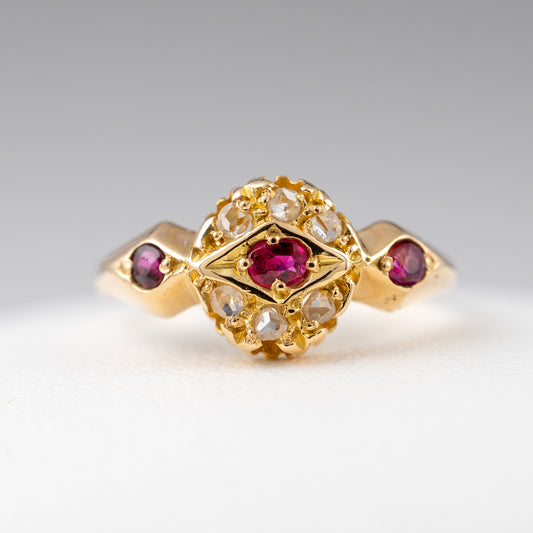Antique 18ct Yellow Gold Ruby Diamond Ring Size M