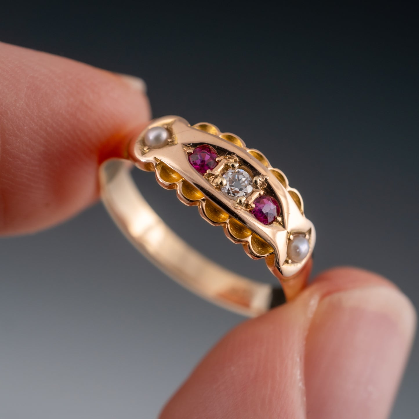 Antique Ruby Diamond Pearl Gypsy Ring 9ct Gold