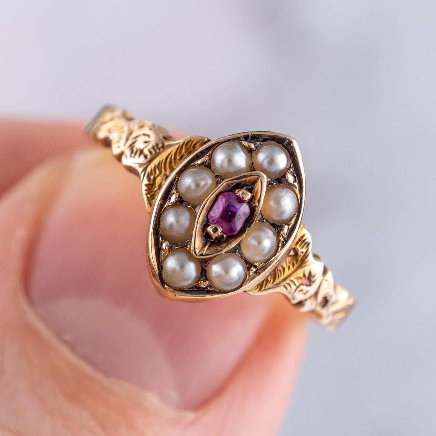 Antique 15ct Gold Marquise Ruby Pearl Ring - Hunters Fine Jewellery