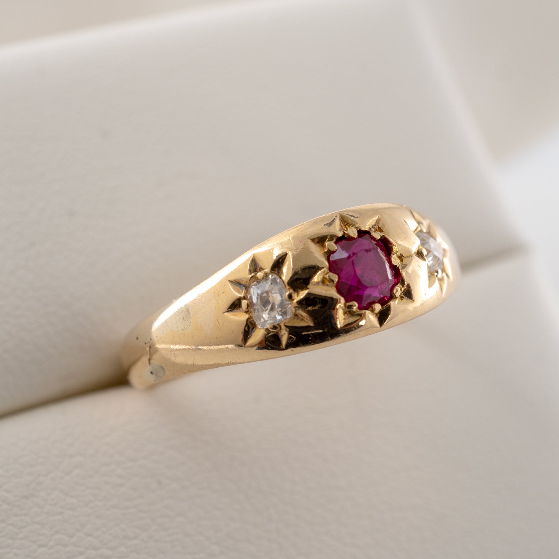 Antique 18ct gold gypsy ring with natural ruby and old cut diamonds in star settings - vintage jewellery piece