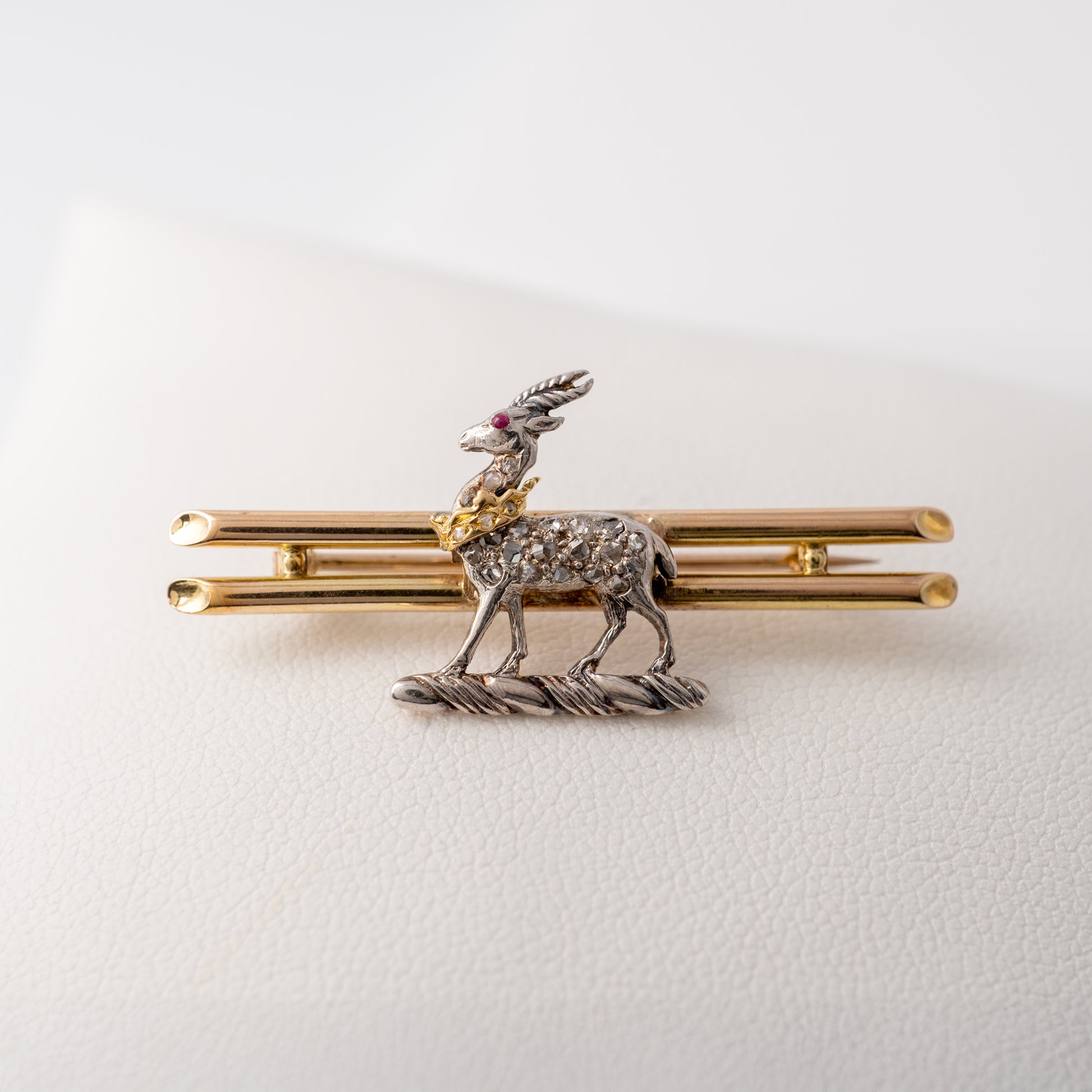 Victorian gazelle brooch with 15ct gold bar and platinum animal detail