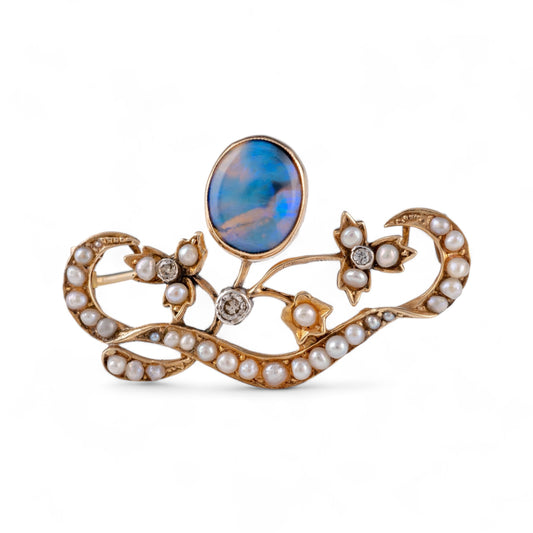 antique opal brooch with diamonds and pearls front view on white background