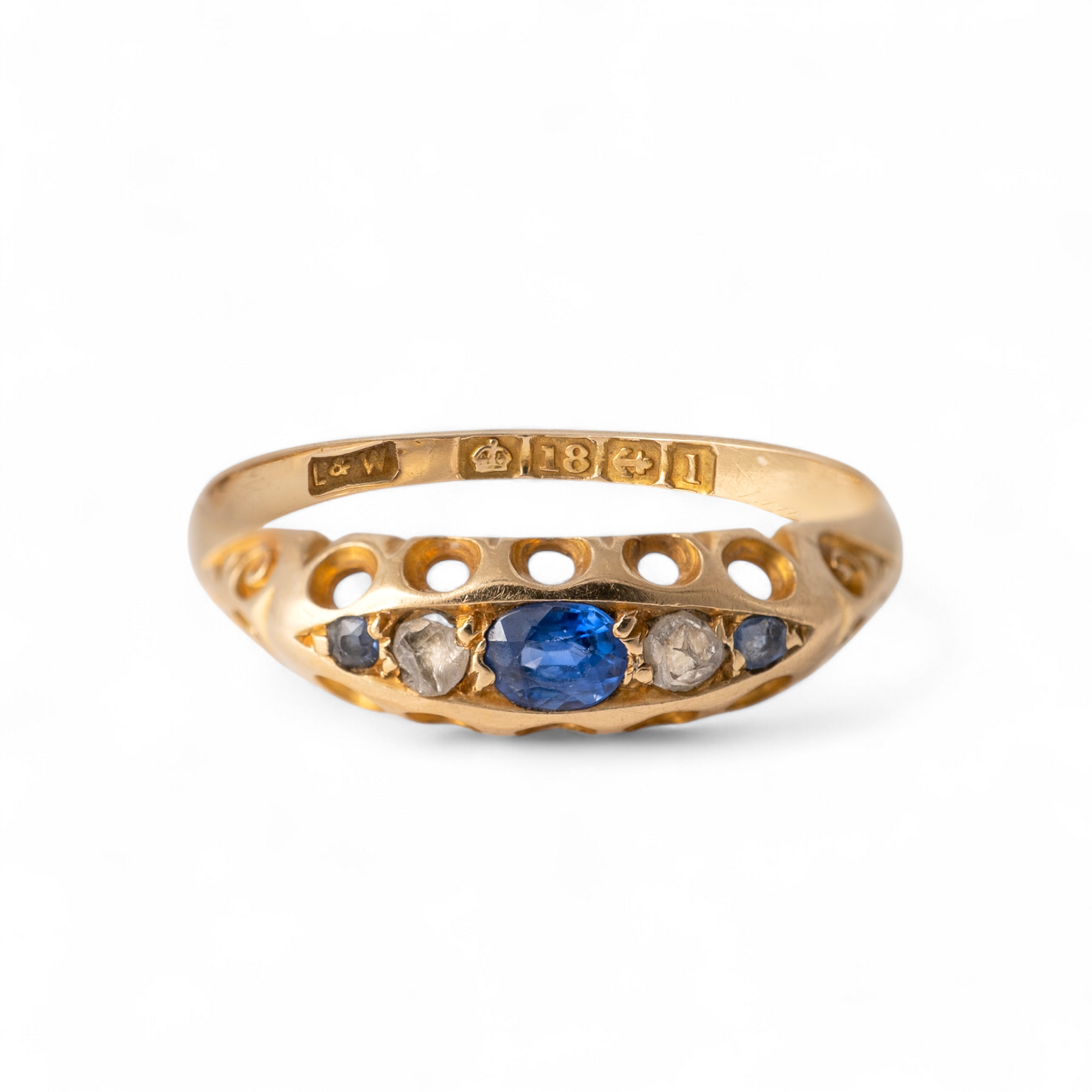 antique sapphire and diamond ring front on showibg hallmarks in shank