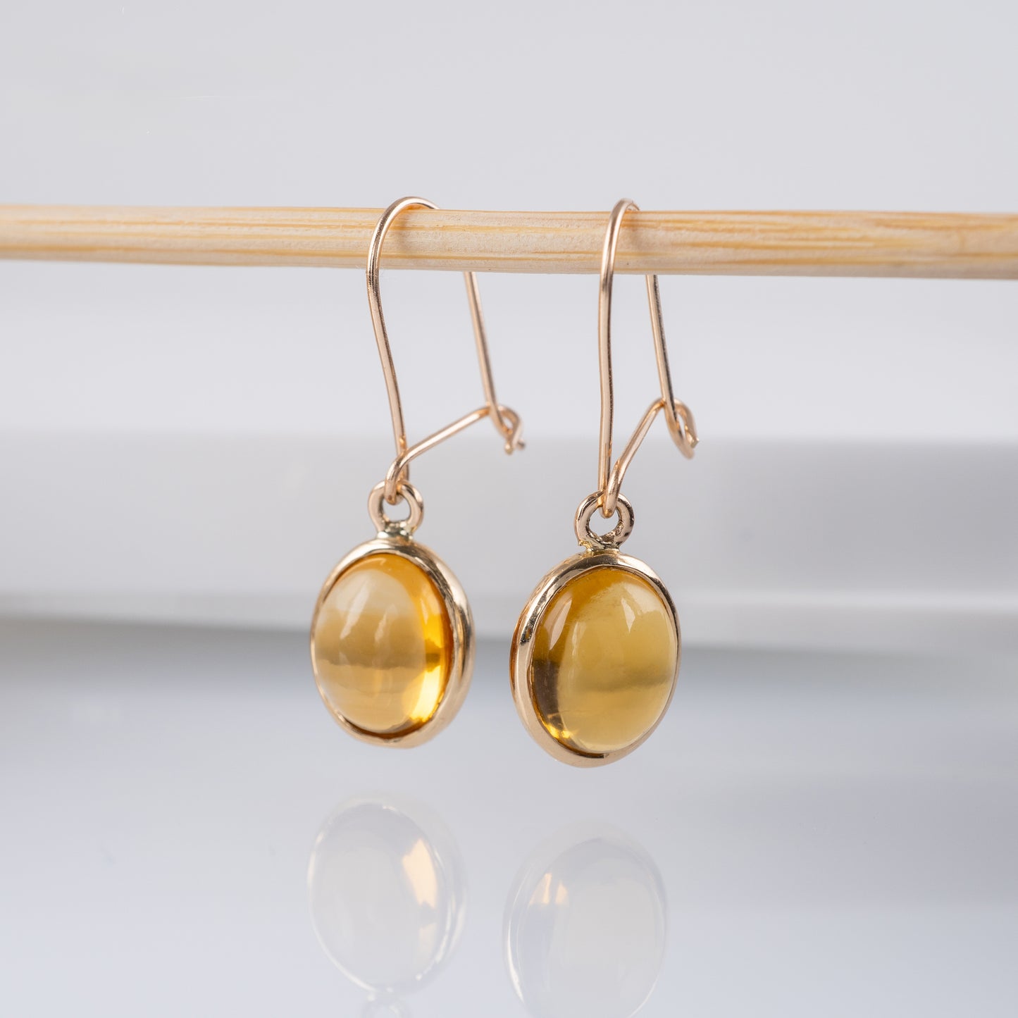 Citrine Oval Cabochon Dangle Hook Wire Earrings 9k Gold Hallmarked - Hunters Fine Jewellery