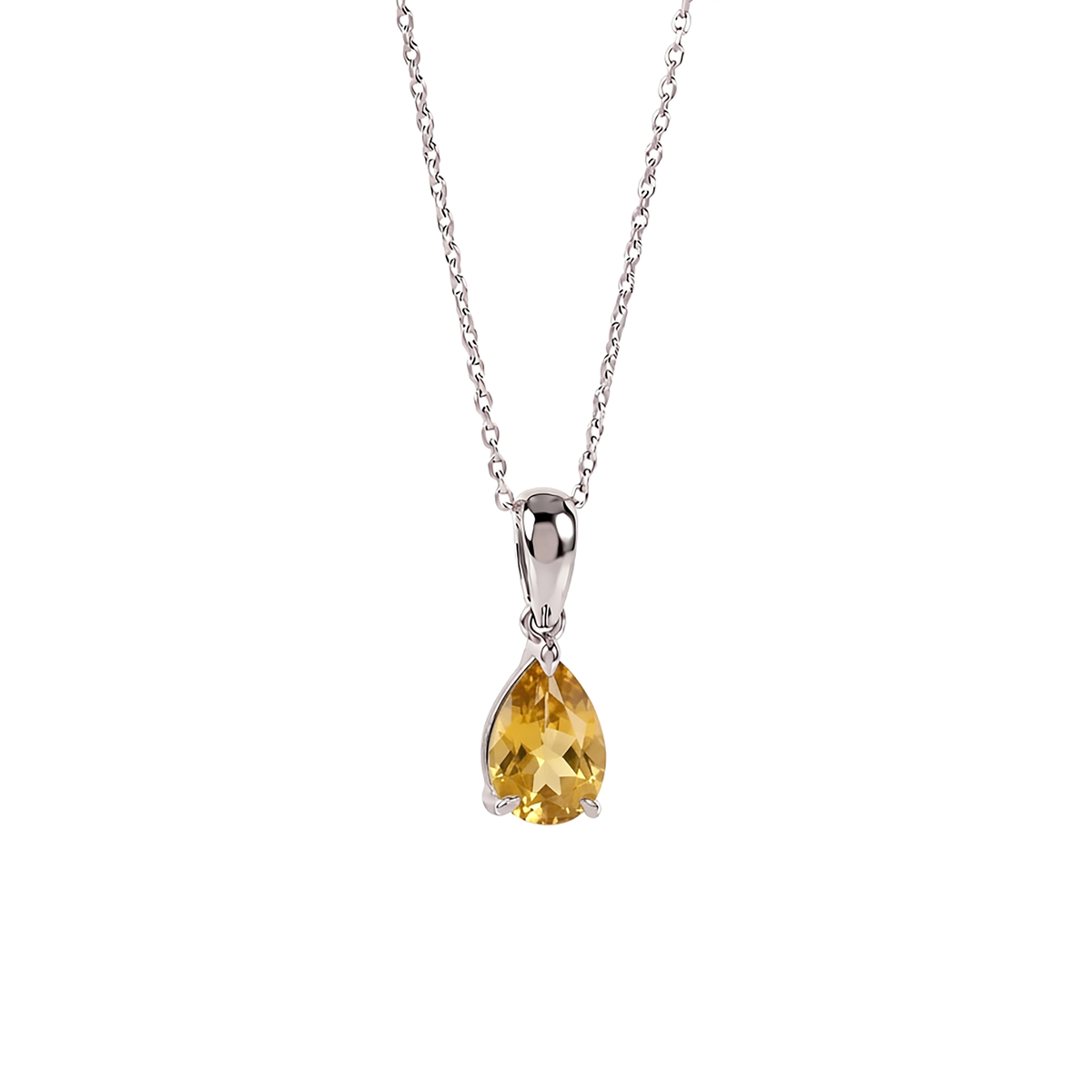 Front view of a natural citrine teardrop necklace in sterling silver on a white background.