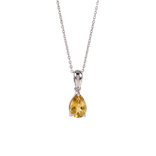 Front view of a natural citrine teardrop necklace in sterling silver on a white background.