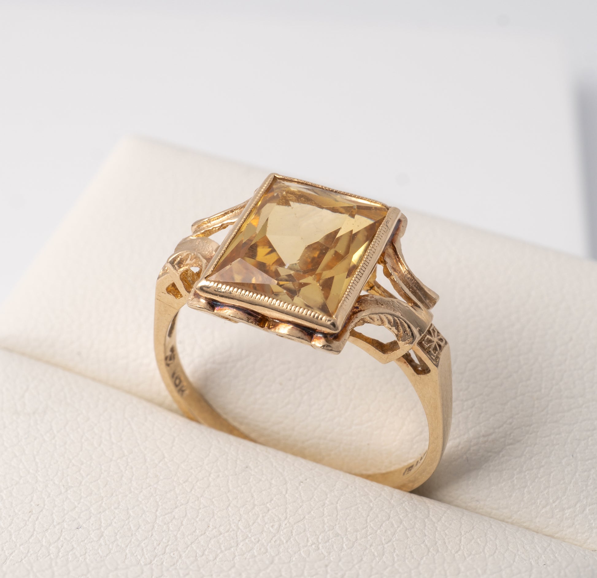 Close-up of vintage citrine ring with rectangular pale citrine gemstone set in 9ct gold, from Hunters Fine Jewellery