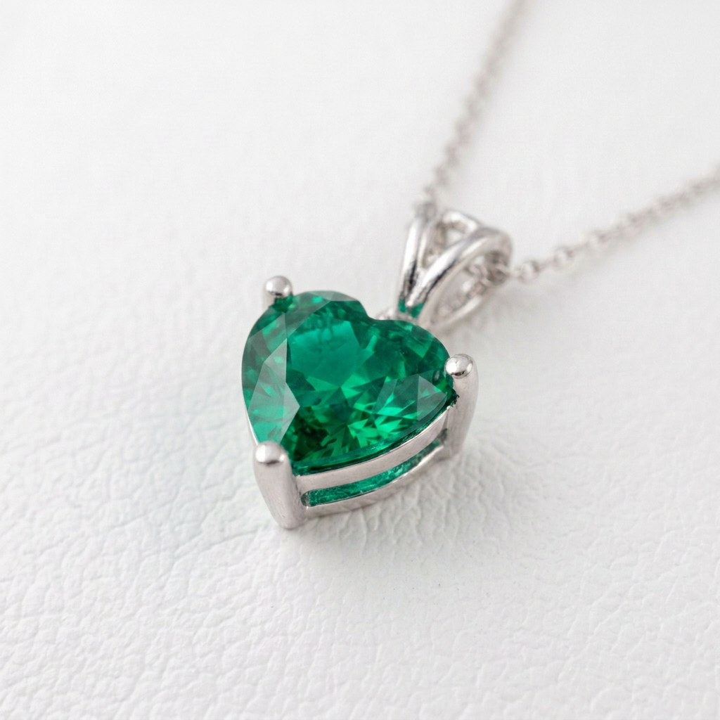 A heart-shaped emerald-cut green gemstone pendant in a silver prong setting on a delicate silver chain, displayed on a textured white surface.