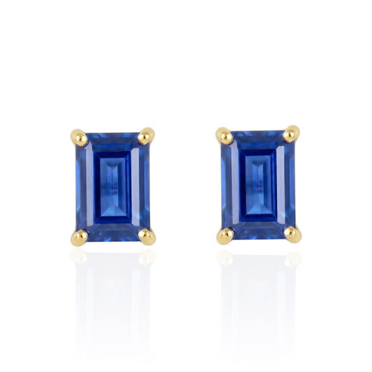 lab blue sapphire studs earrings yellow gold front on white