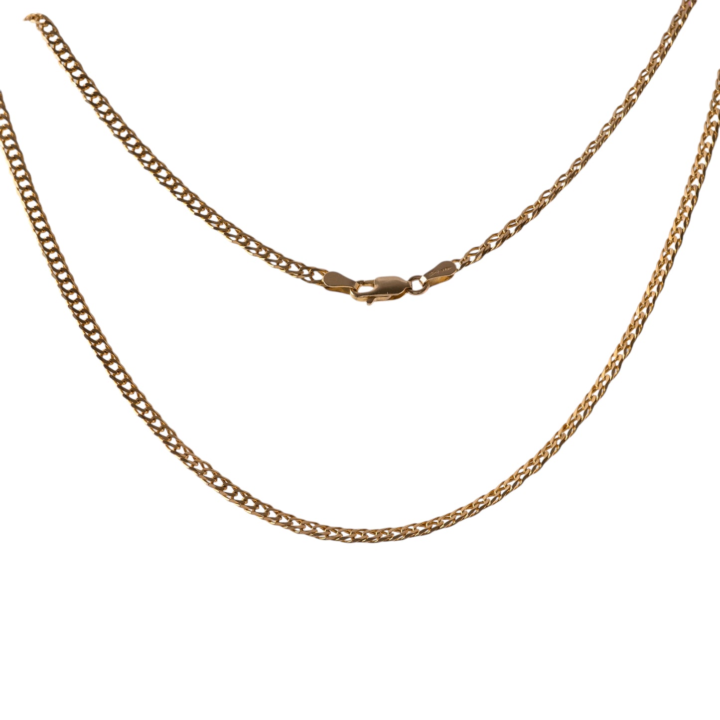 18-inch women's gold curb link chain necklace with lobster clasp closure, laid flat for display