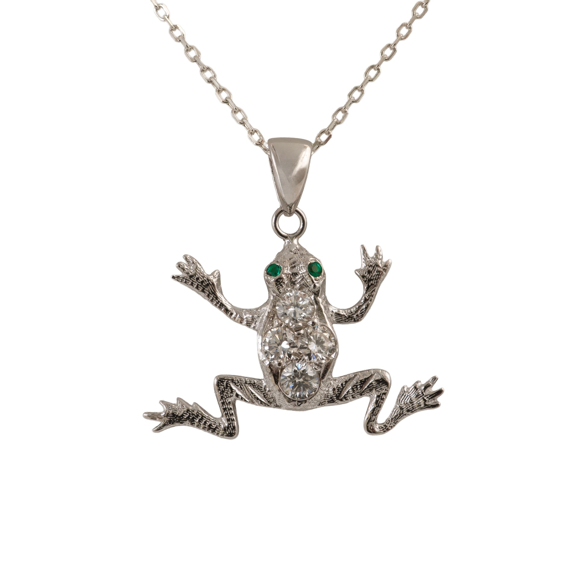 diamond frog pendant with green eyes on a chain against a white background