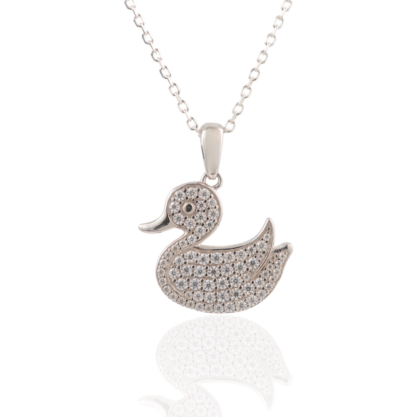 Silver duck-shaped pendant necklace on a white background