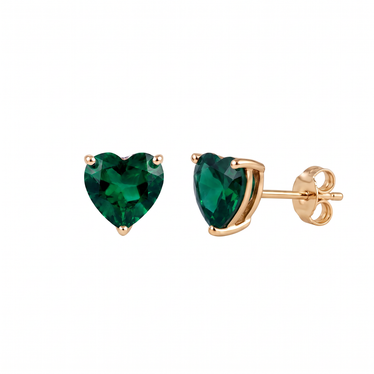 Emerald heart earrings in yellow gold plated sterling silver, front and angled view showing the 5mm heart-cut lab grown emeralds and butterfly backs