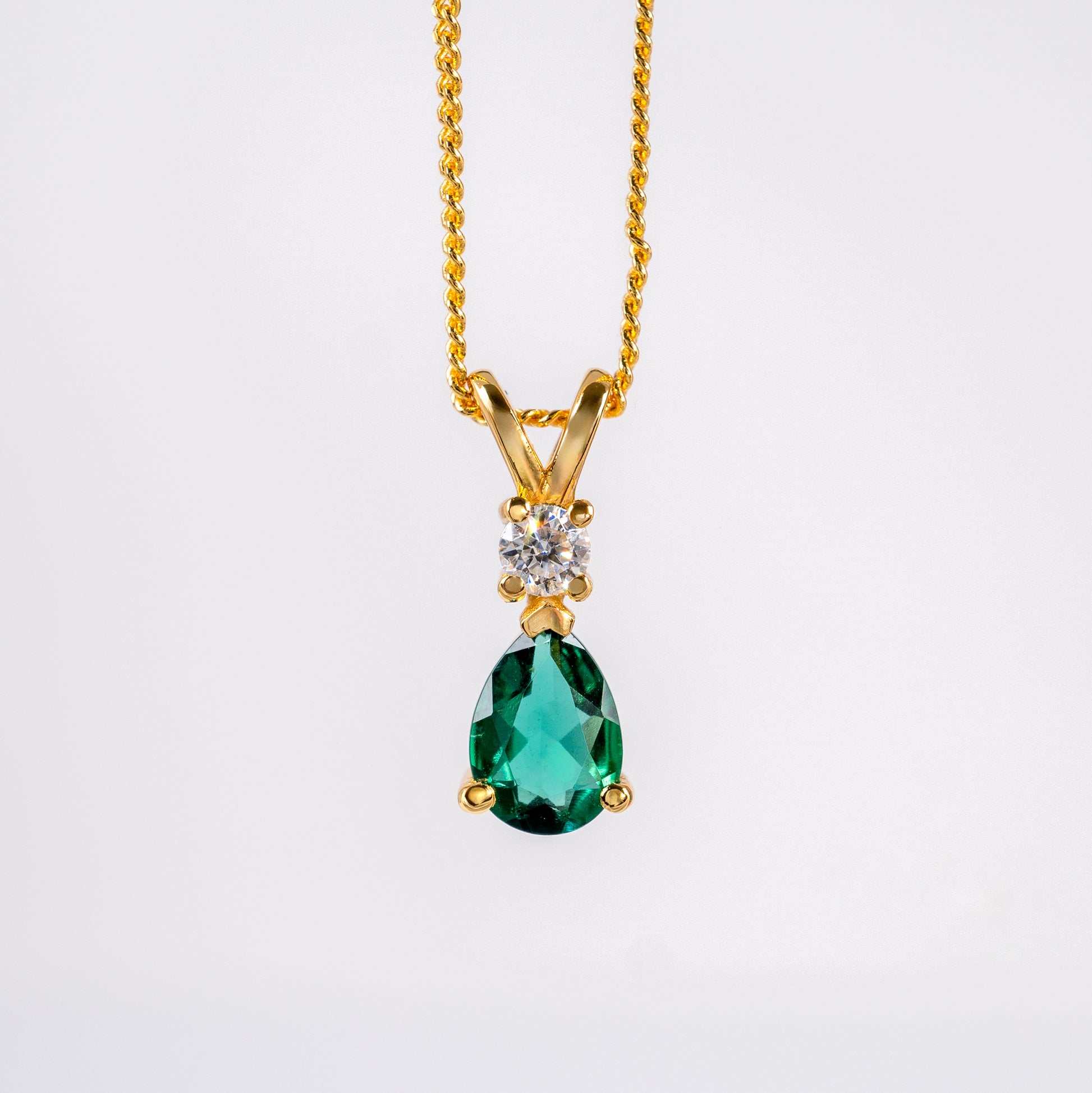 18ct Gold Vermeil Plated Silver Lab Emerald & Moissanite Teardrop Pendant + Adjustable Curb Chain - Hunters Fine Jewellery