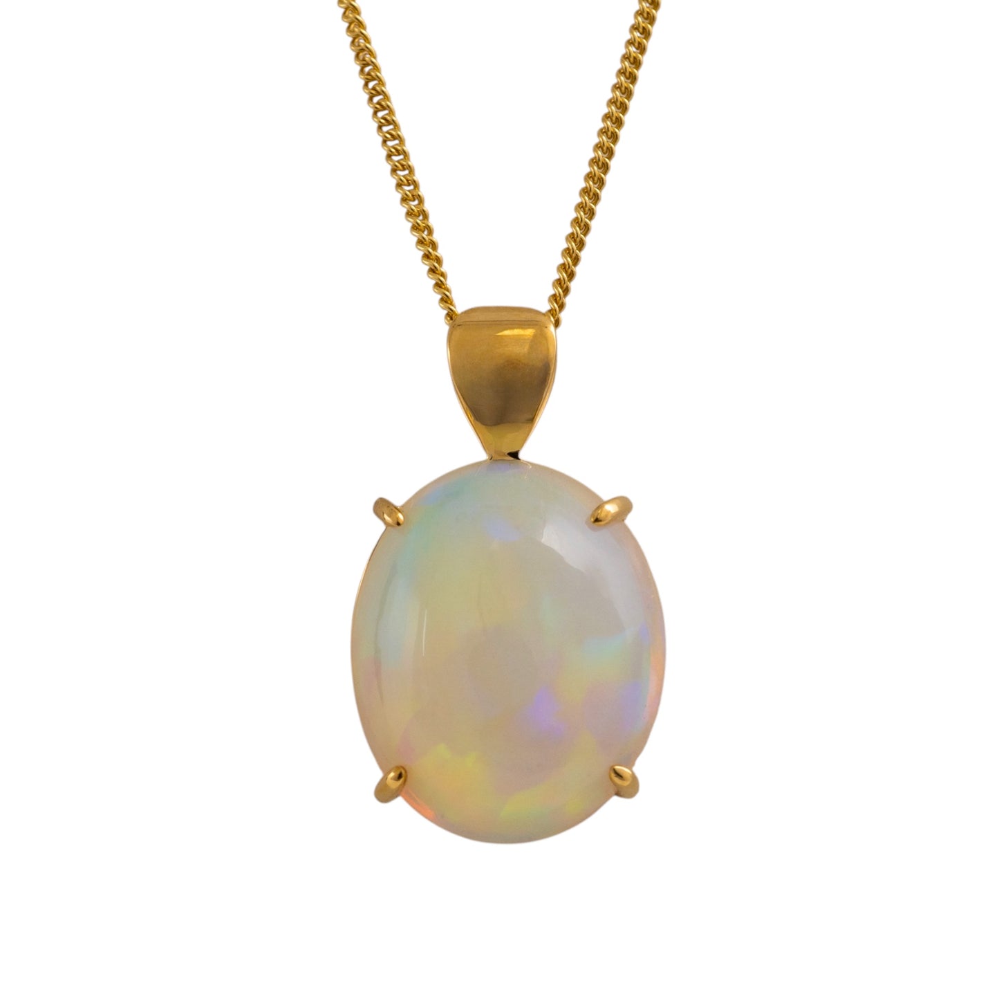 Opal pendant on a gold chain against a white background