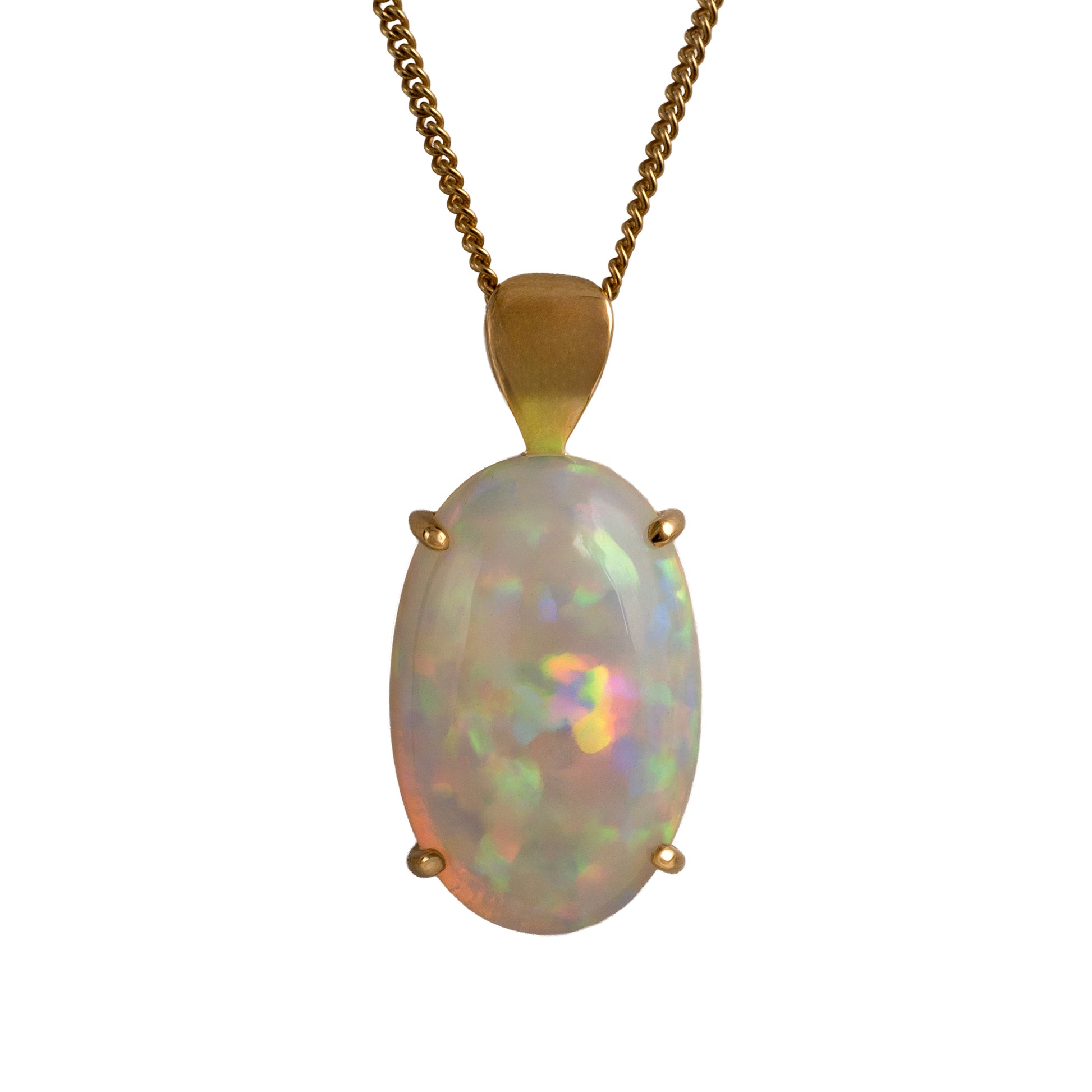 Opal stone pendant with gold setting on a white background
