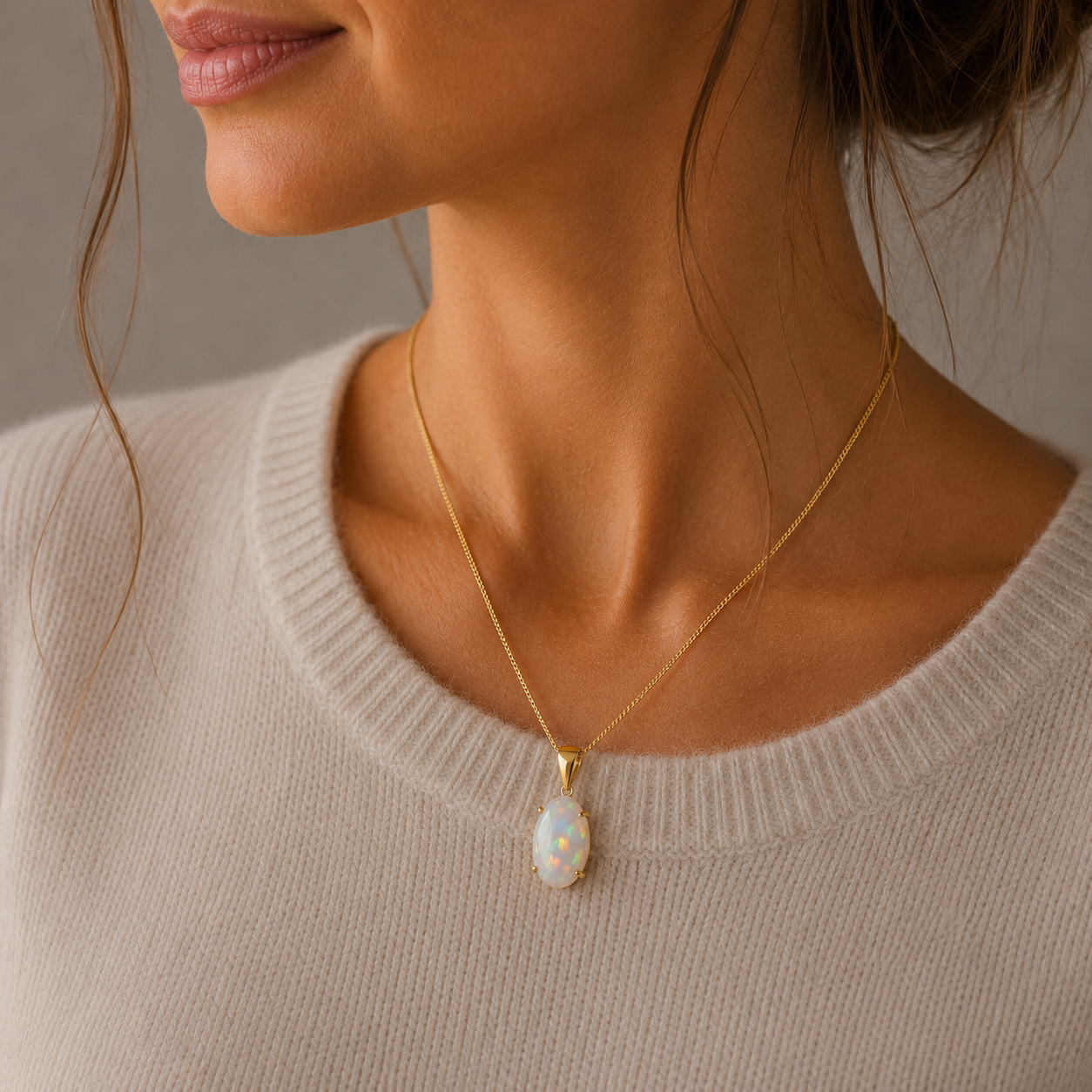 A close-up of a woman wearing a delicate gold chain necklace with large size ethiopian opal pendant containing tiny iridescent flecks, styled with a beige knit sweater.