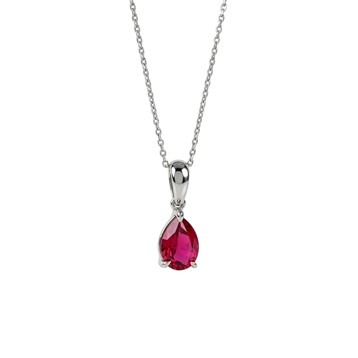 Lab grown ruby necklace in sterling silver with pear-cut ruby teardrop pendant front view on plain white background