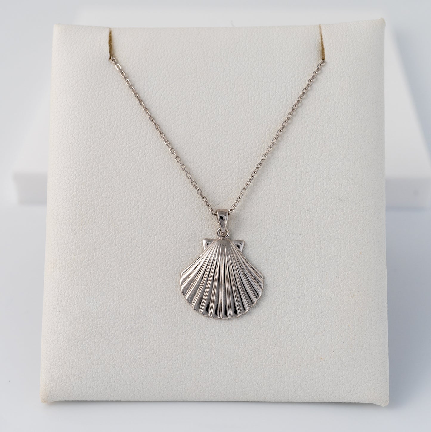 Front view of silver scallop shell necklace in sterling silver on display prop