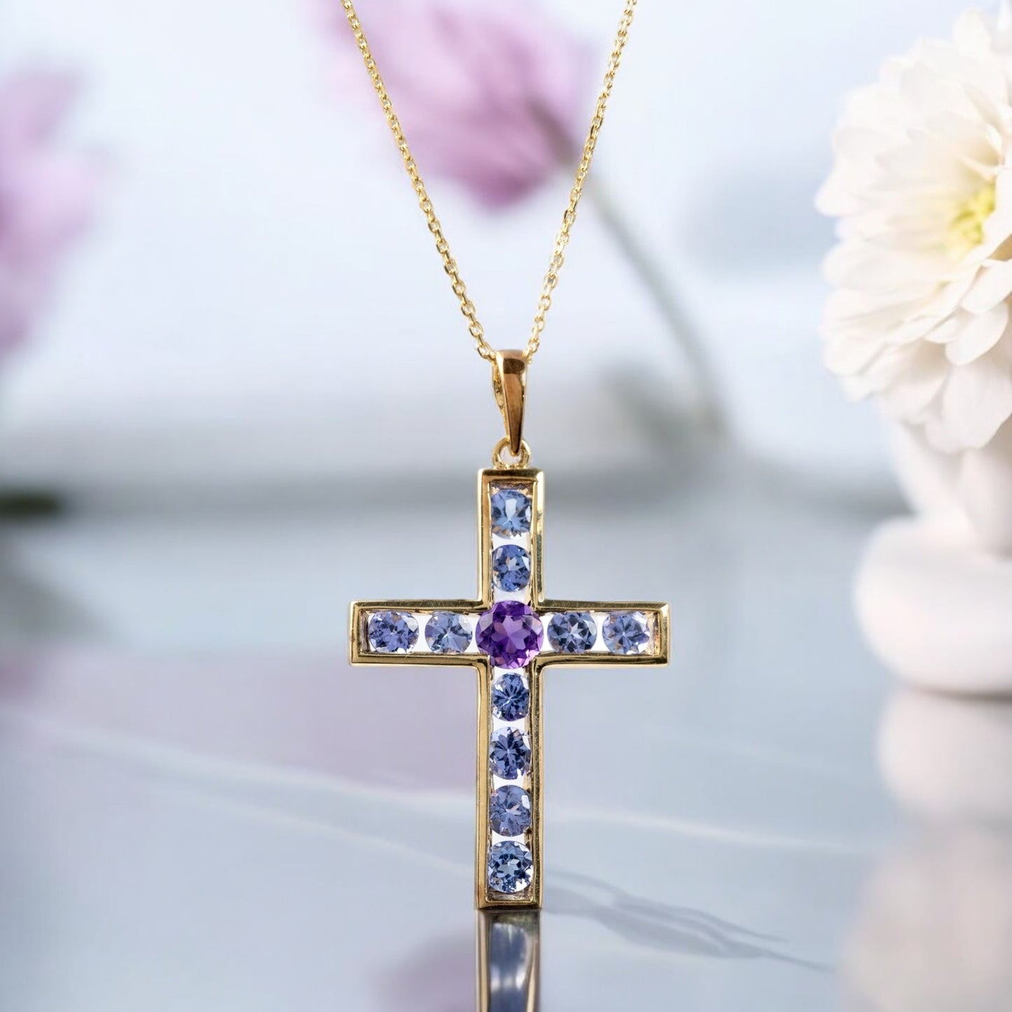 gemstone gold crucifix necklace with flowers lifestyle 