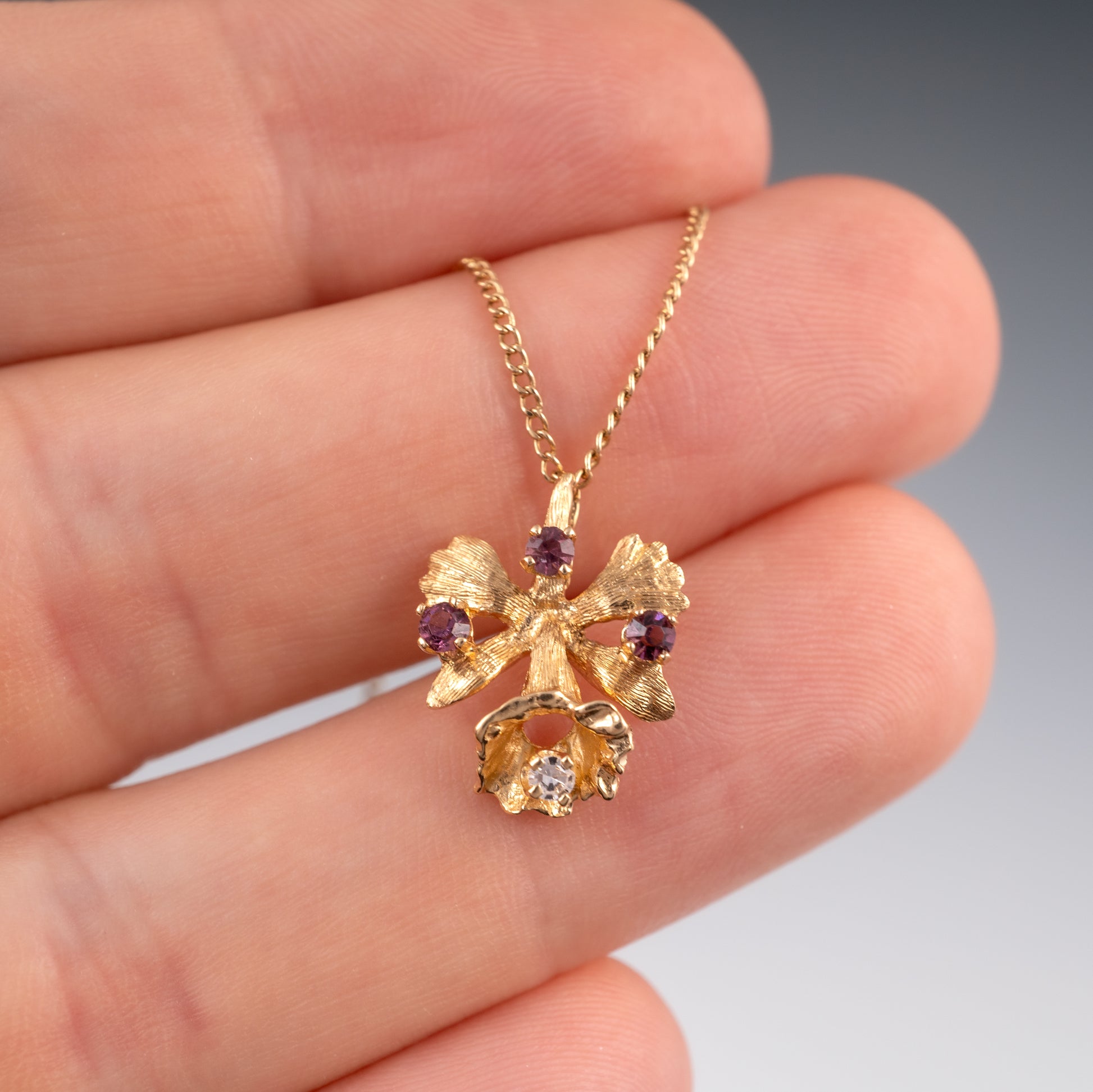 Preloved 14k Gold Diamond Amethyst Flower Necklace With 21 Inch Rope Chain - Hunters Fine Jewellery