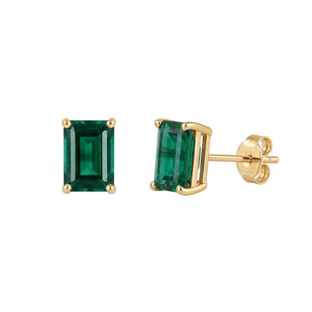 earrings.jpg	Gold plated emerald stud earrings with rich green 4 x 6mm lab-grown emerald rectangle stones