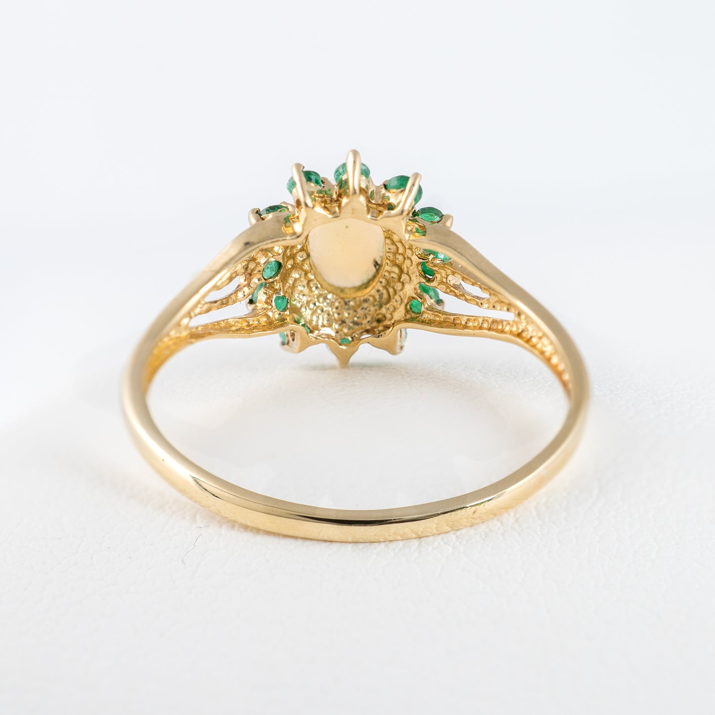 pre-owned opal and emerald flower ring in 9ct yellow gold, size s - hunters fine jewellery