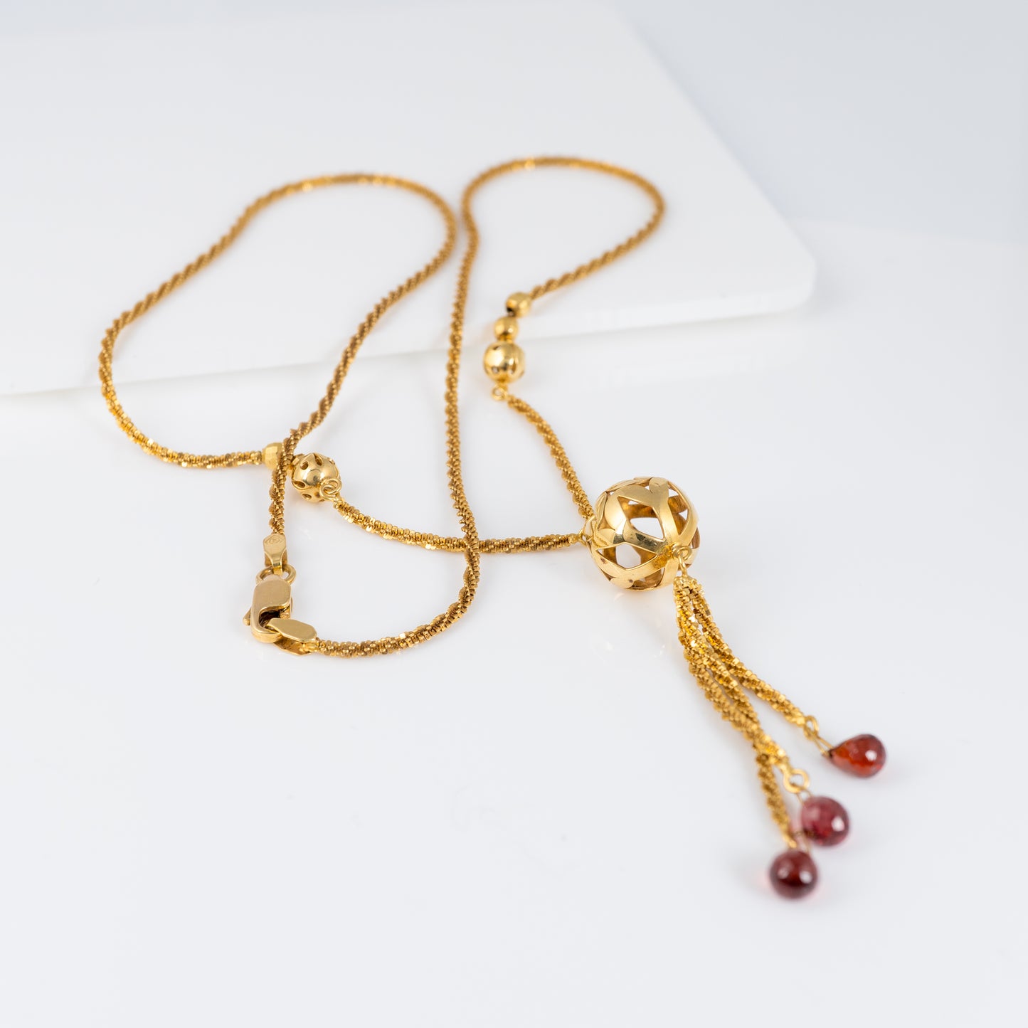 Elegant Garnet Tassel Lariat Necklace in 9ct Yellow Gold