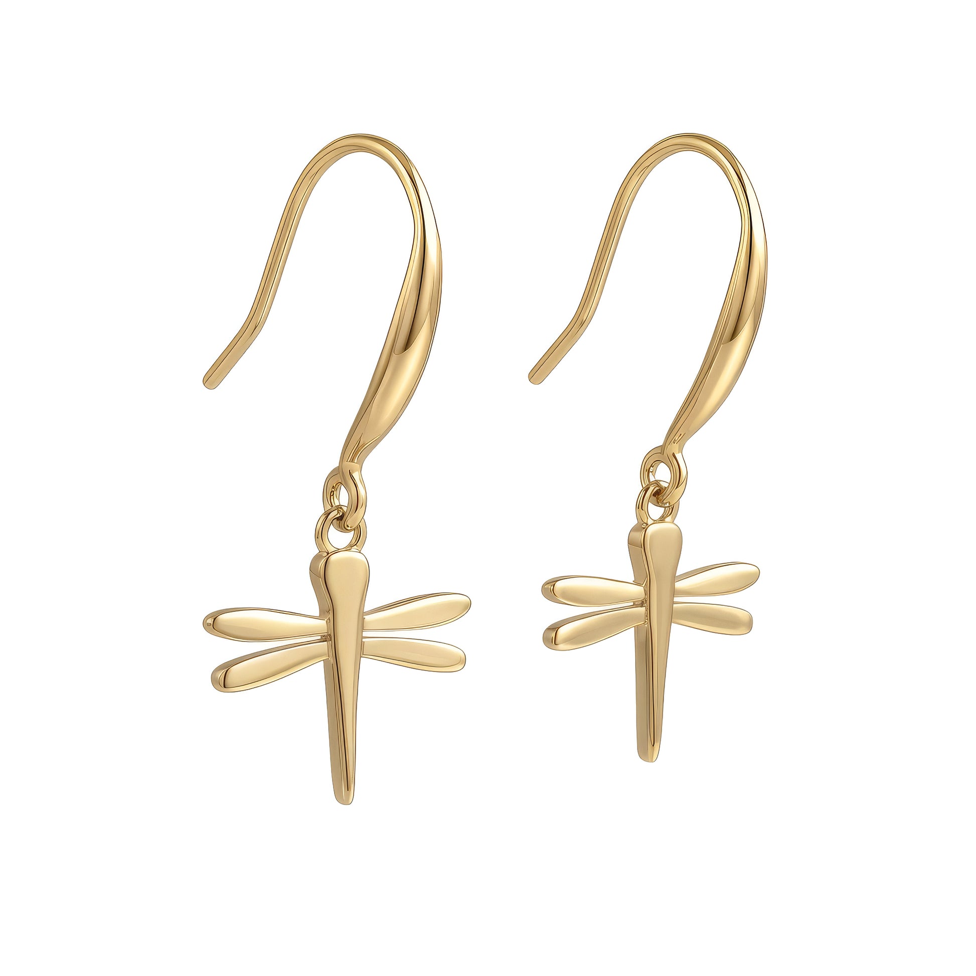 A pair of gold dragonfly drop earrings with curved fishhook wires, shown against a plain white background.
