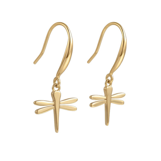 A pair of gold dragonfly drop earrings with curved fishhook wires, shown against a plain white background.